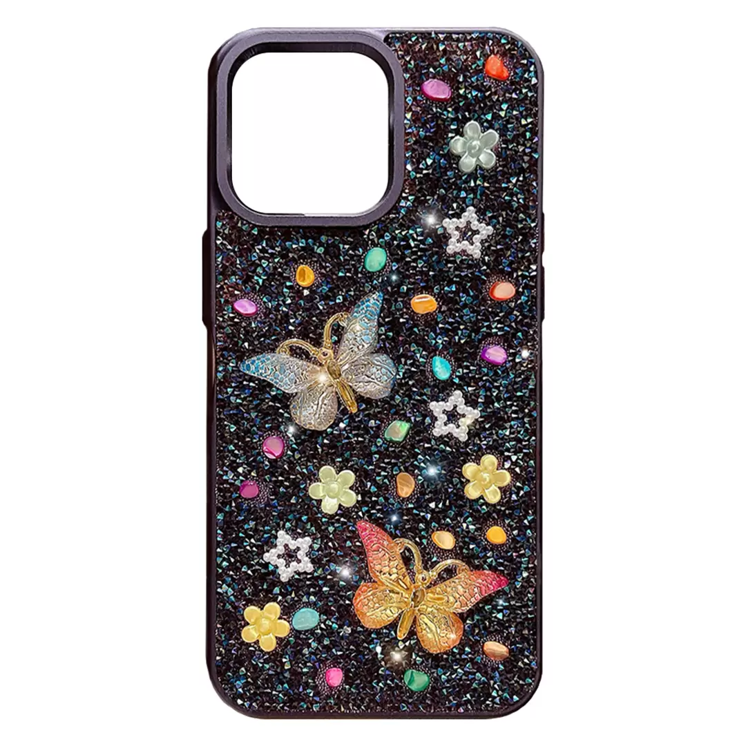 iPhone 15/iPhone 14 Butterfly and Diamond Bling Case Dark Purple